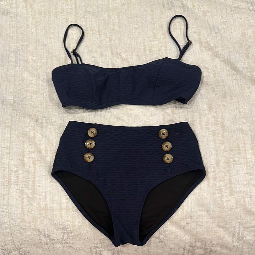 Shoshanna Navy Textured High-Waist Bikini with Button Accents